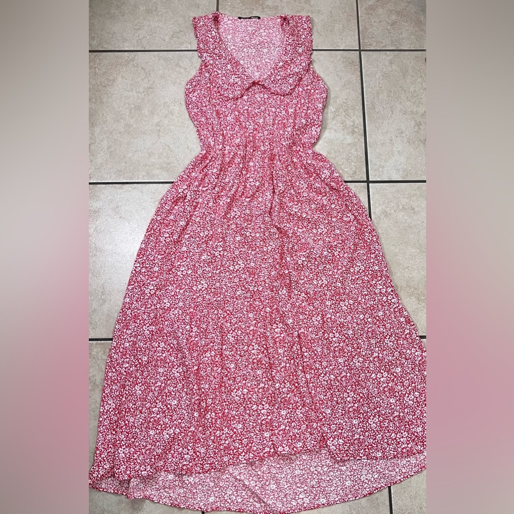 Zara Womens M Sleeveless Red Floral Maxi‎ Dress Ruffled Collard